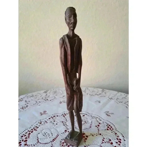 SCULPTURE Hand Carved Wooden Tall Man WITH FISH IN HAND - Picture 3 of 4